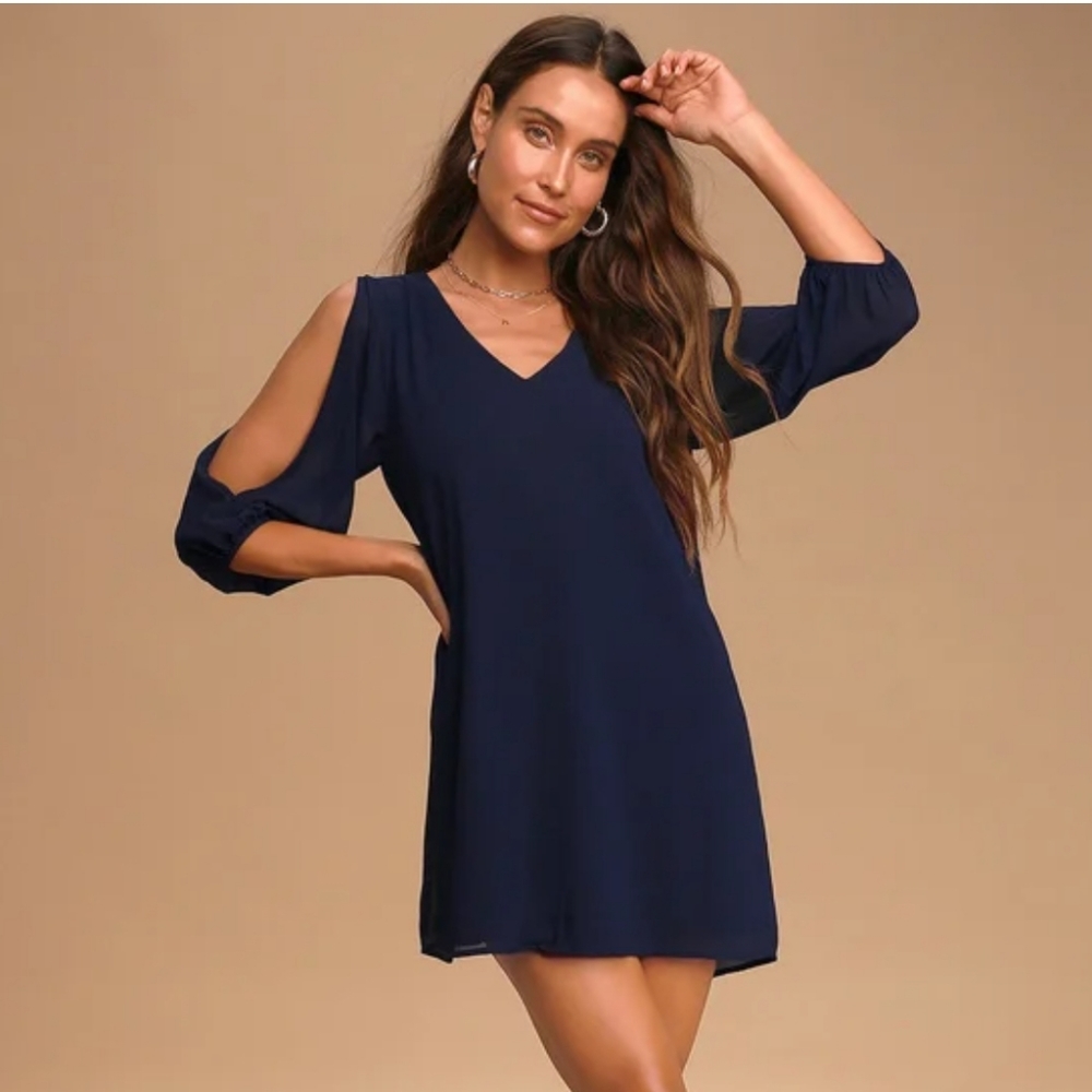 Lulus Shifting Dears Navy Blue Long Sleeve Dress Small